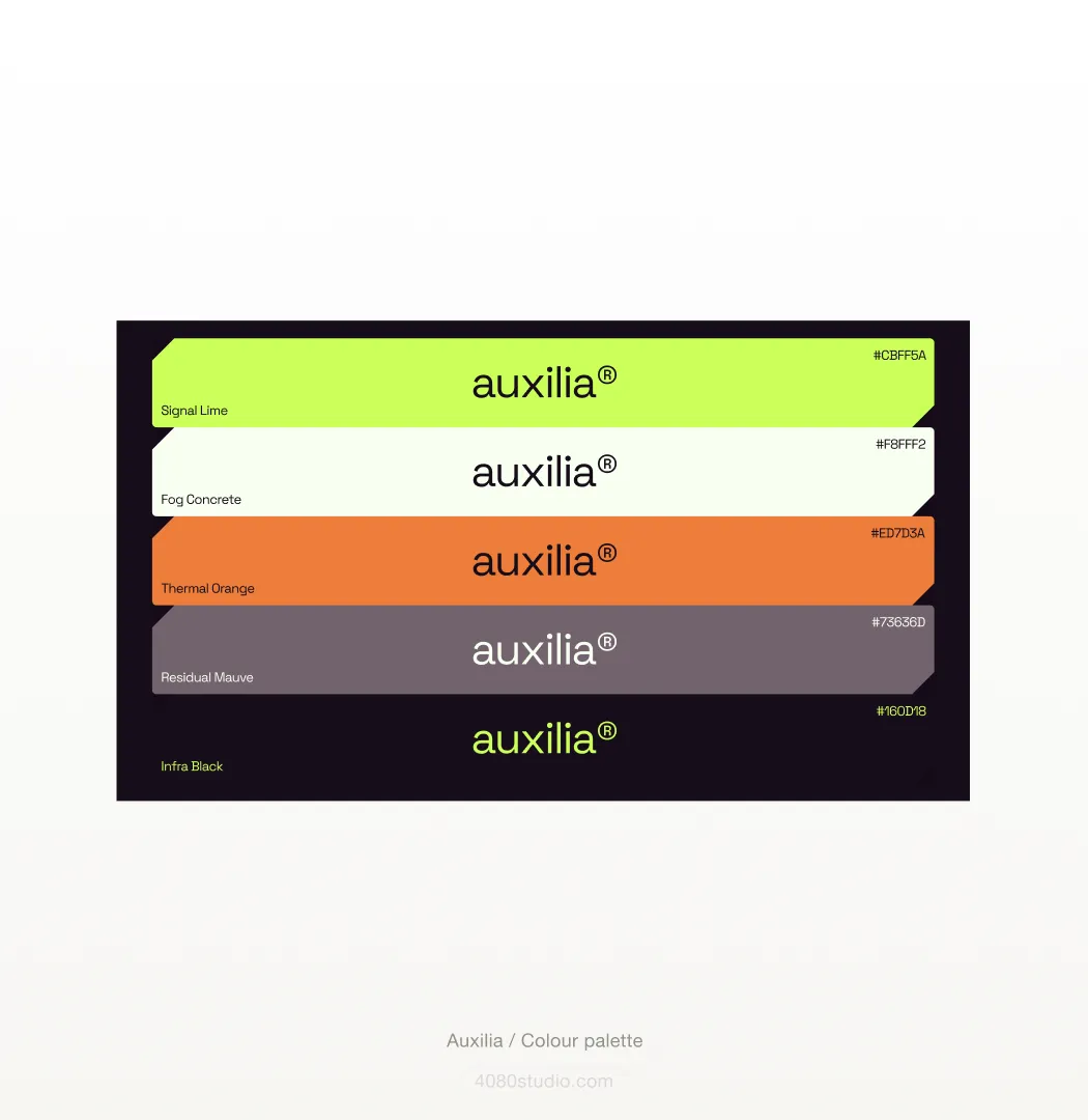 Auxilia brand colour palette: five named swatches with hex values — Signal Lime #CBFF5A, Fog Concrete #F8FFF2, Thermal Orange #ED7D3A, Residual Mauve #73636D, and Infra Black #160D18 — each carrying the auxilia® wordmark