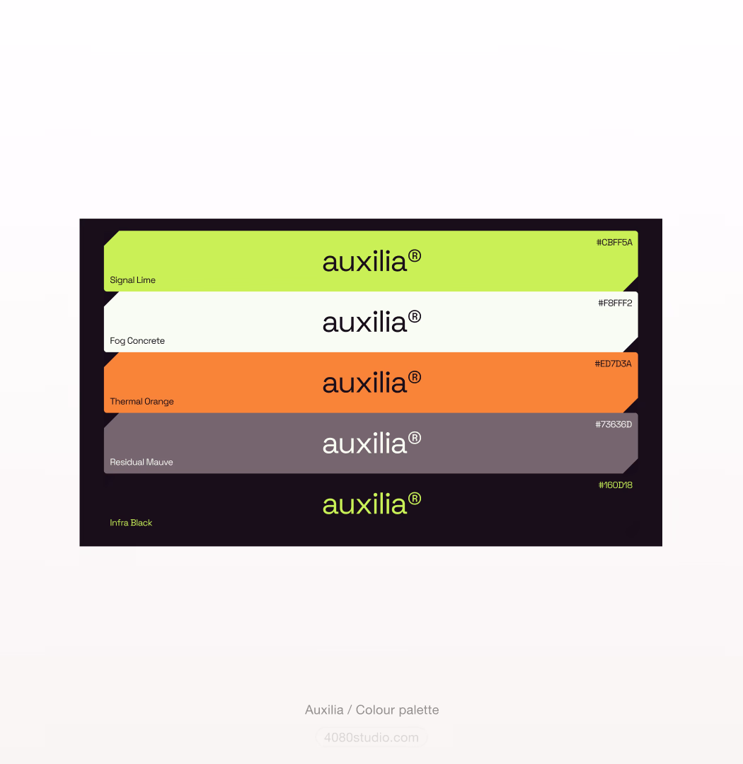 Auxilia brand colour palette: five named swatches with hex values — Signal Lime #CBFF5A, Fog Concrete #F8FFF2, Thermal Orange #ED7D3A, Residual Mauve #73636D, and Infra Black #160D18 — each carrying the auxilia® wordmark