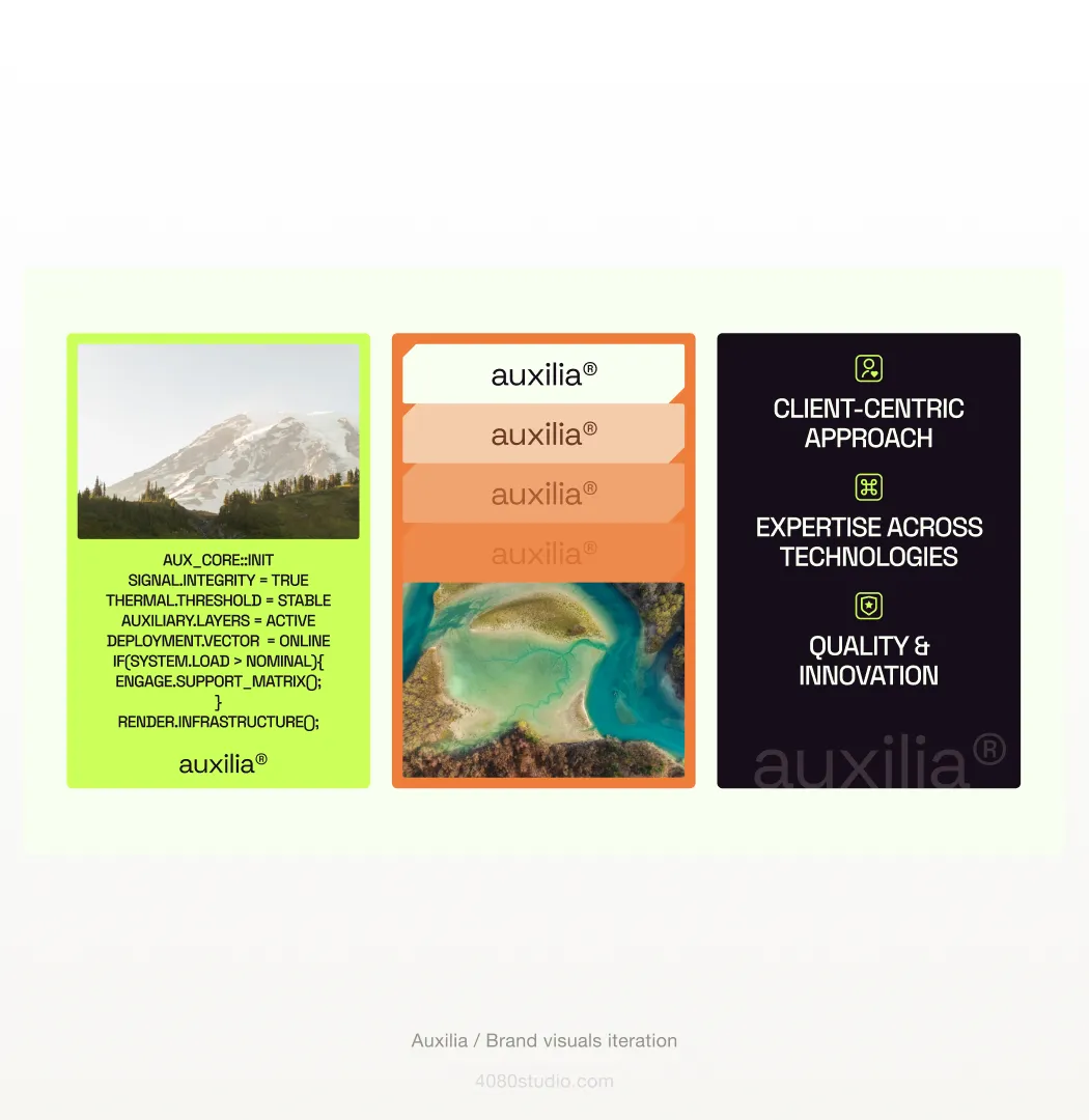 Three Auxilia social cards: a lime card of pseudo-code (AUX_CORE::INIT, SIGNAL.INTEGRITY = TRUE), an orange card stacking the auxilia® wordmark over an aerial estuary photo, and a black card listing client-centric approach, expertise across technologies, and quality & innovation