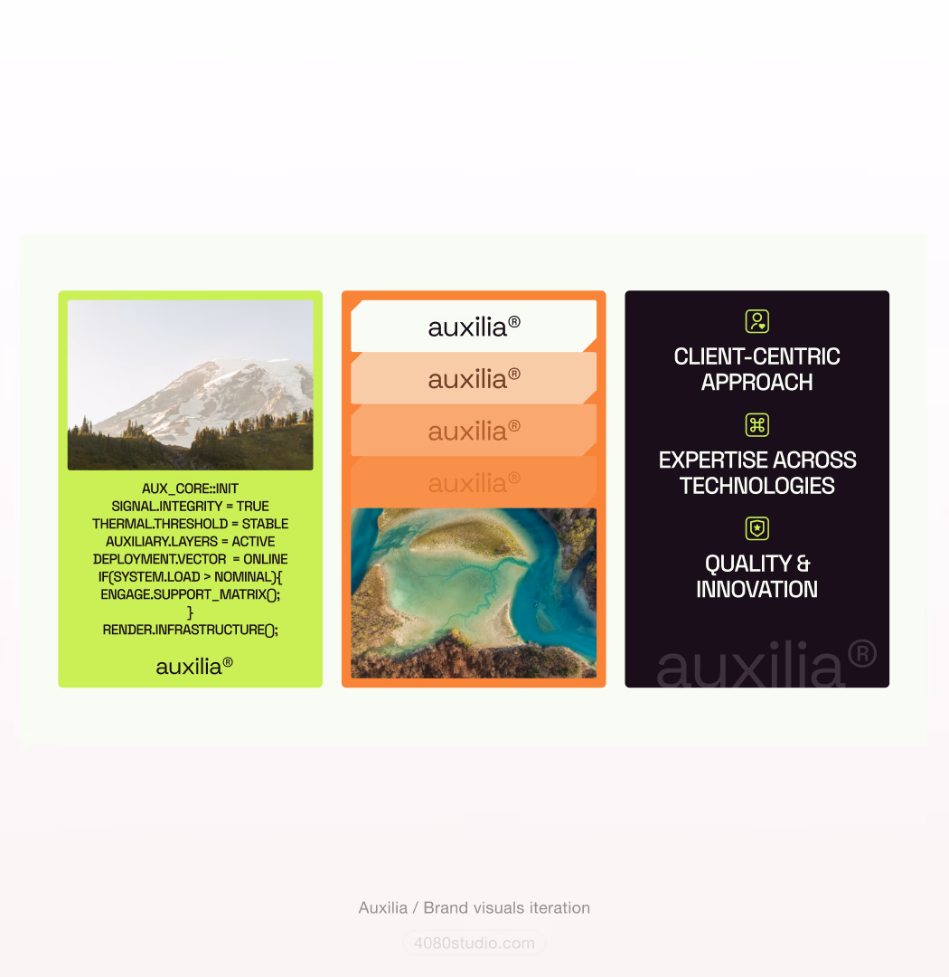 Three Auxilia social cards: a lime card of pseudo-code (AUX_CORE::INIT, SIGNAL.INTEGRITY = TRUE), an orange card stacking the auxilia® wordmark over an aerial estuary photo, and a black card listing client-centric approach, expertise across technologies, and quality & innovation
