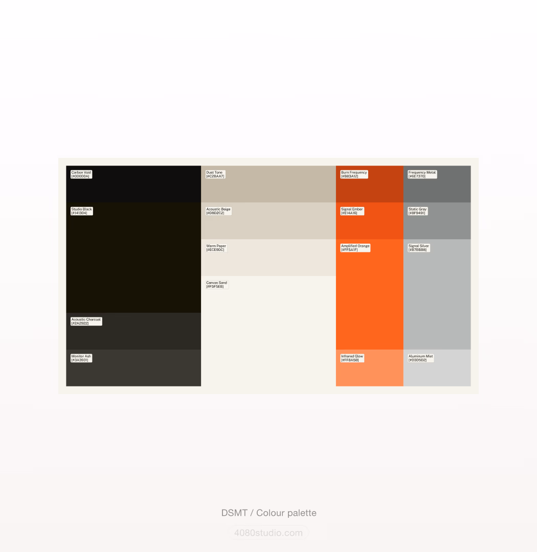 DSMT brand colour palette board: named swatches in four families — studio blacks, warm paper neutrals, bright signal oranges, and metallic silvers, each labelled with its hex value