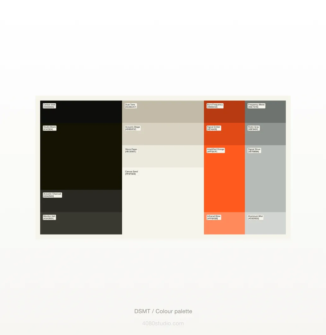 DSMT brand colour palette board: named swatches in four families — studio blacks, warm paper neutrals, bright signal oranges, and metallic silvers, each labelled with its hex value