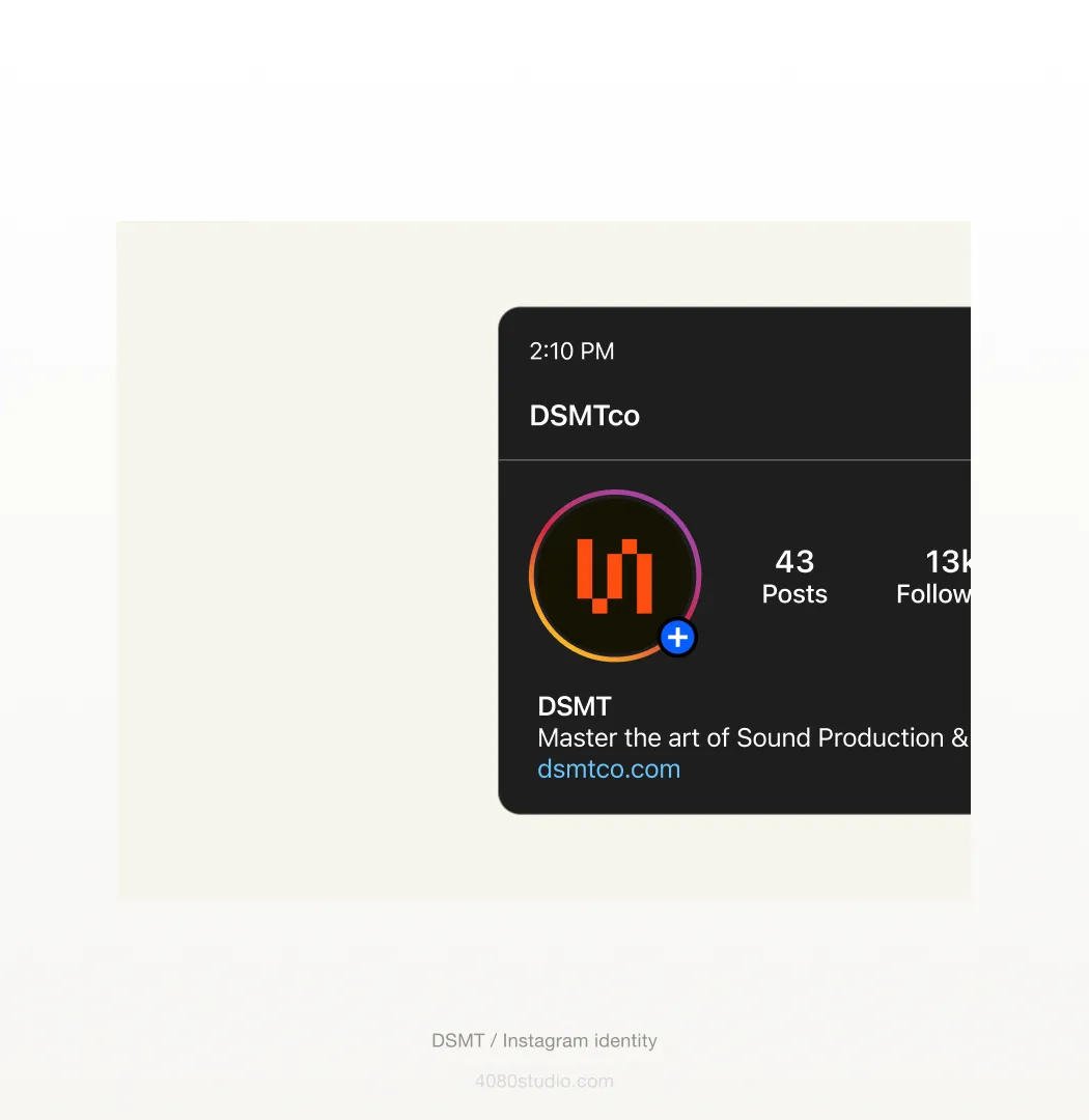 DSMT Instagram profile mockup on a dark background: orange sound-wave logomark avatar, DSMTco handle, 43 posts and 13k followers