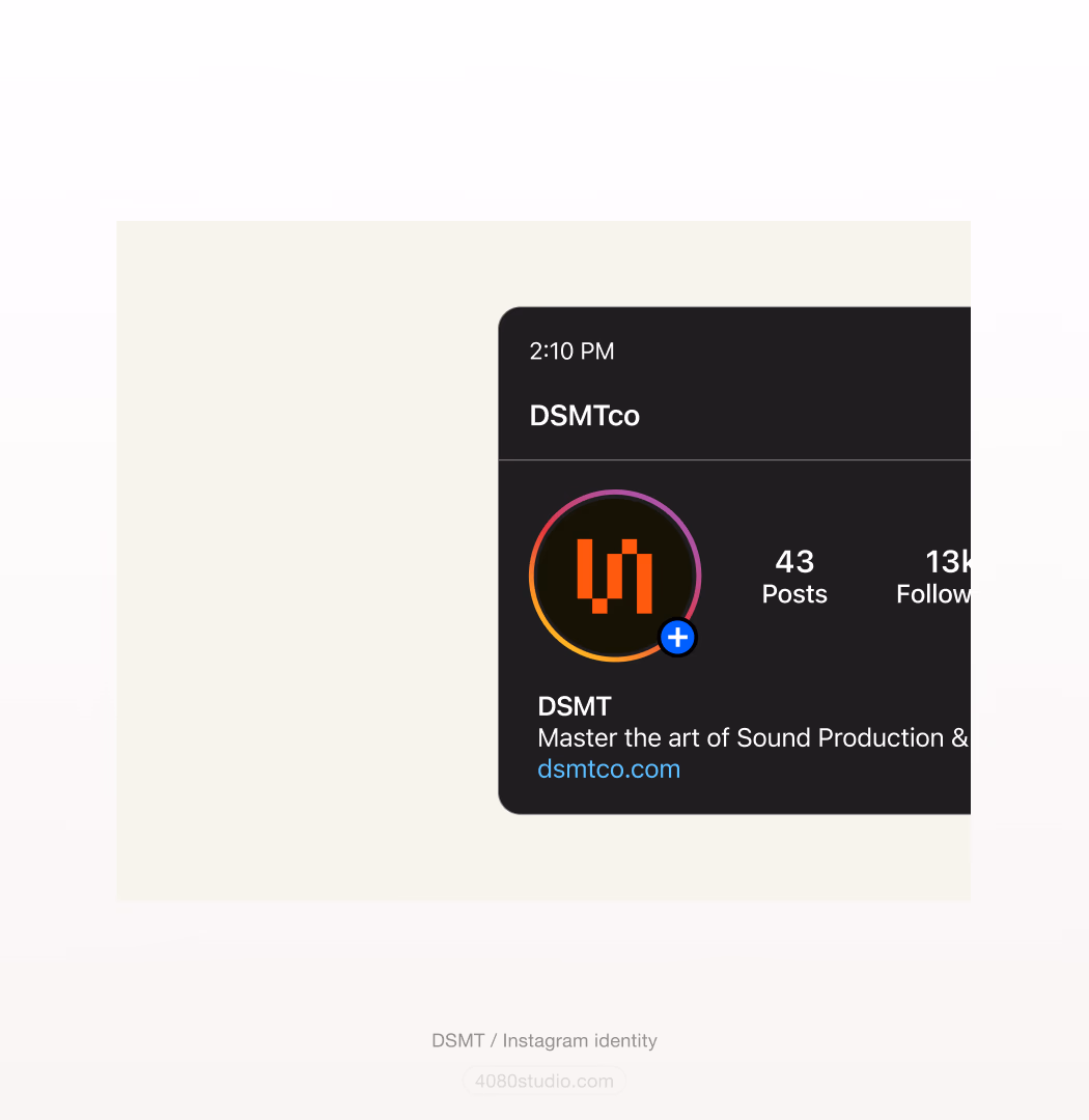 DSMT Instagram profile mockup on a dark background: orange sound-wave logomark avatar, DSMTco handle, 43 posts and 13k followers