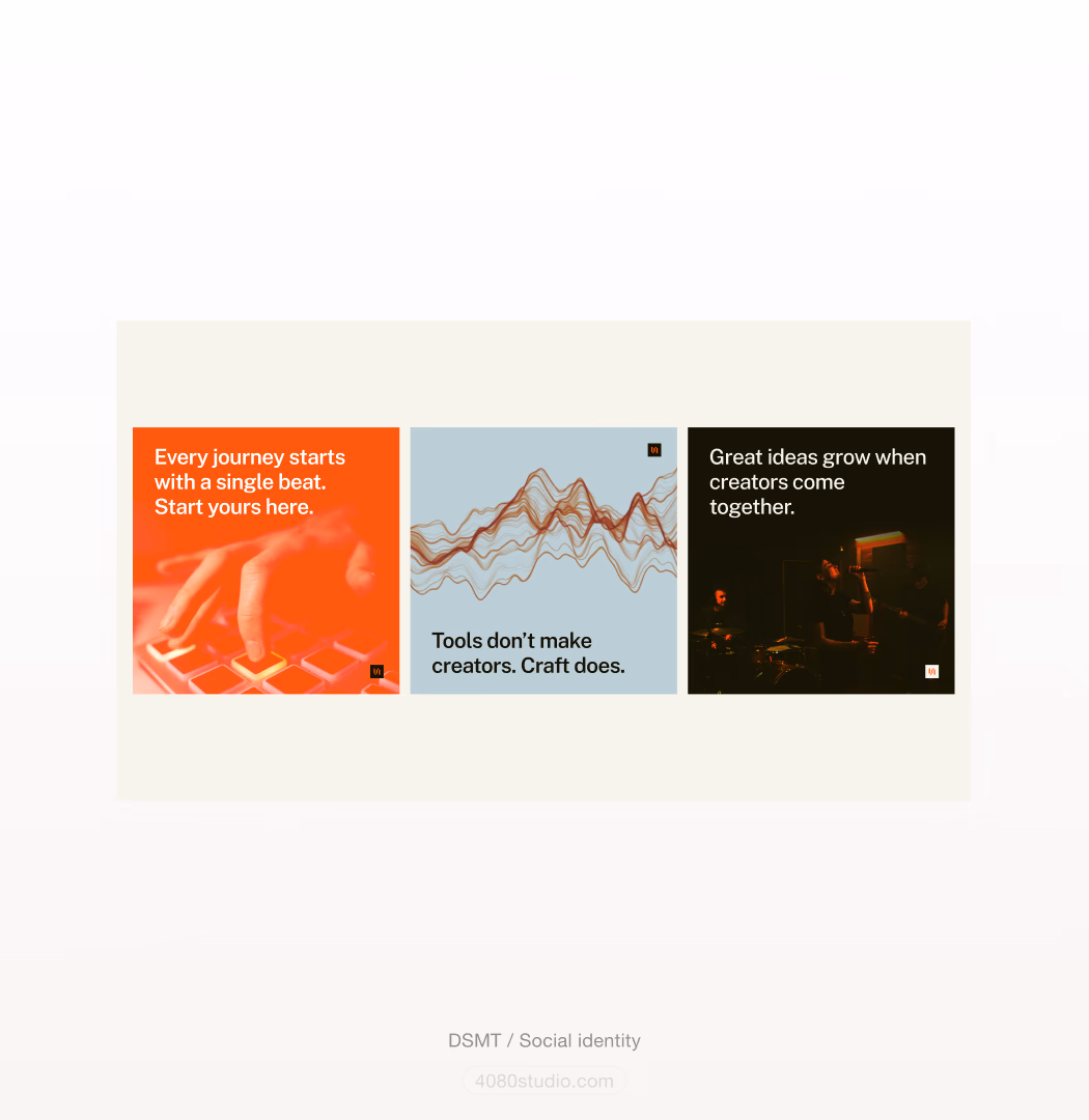 Three DSMT social posts: fingers on a drum machine over orange, layered waveform lines on pale blue, and a dark live-performance photo, each with a short line about creating