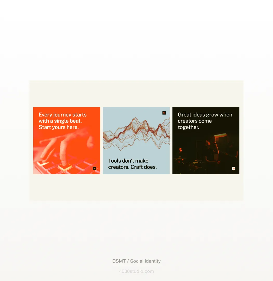 Three DSMT social posts: fingers on a drum machine over orange, layered waveform lines on pale blue, and a dark live-performance photo, each with a short line about creating
