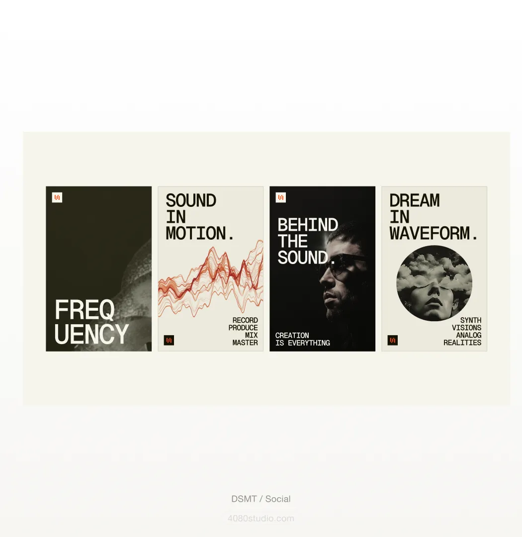 Four DSMT social posters: 'FREQUENCY' over a dark textured image, 'SOUND IN MOTION' with a red waveform and Record/Produce/Mix/Master, 'BEHIND THE SOUND — Creation is everything' with a portrait in sunglasses, and 'DREAM IN WAVEFORM — Synth visions, analog realities'