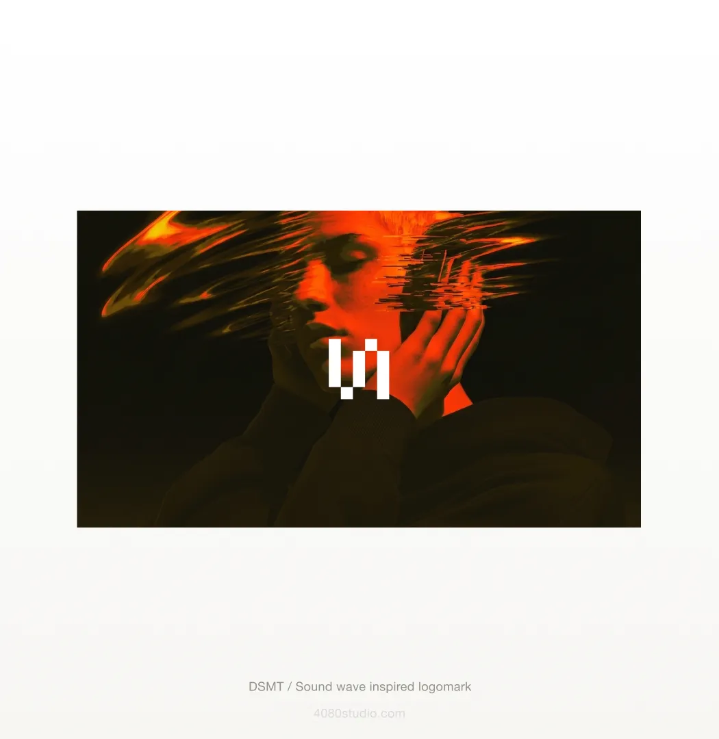 White DSMT logomark of equalizer-style pixel bars centered on a glitched portrait dissolving into red and black streaks