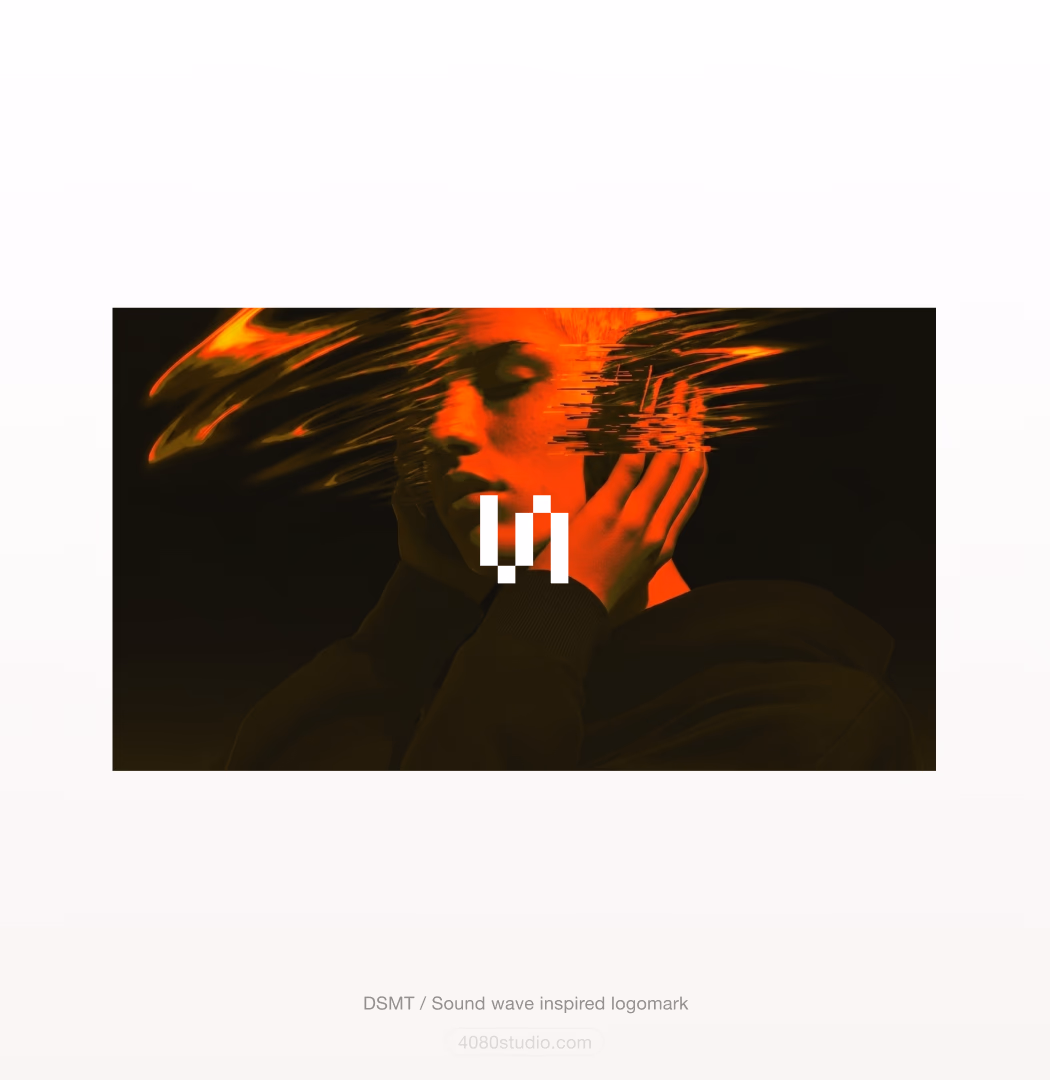 White DSMT logomark of equalizer-style pixel bars centered on a glitched portrait dissolving into red and black streaks