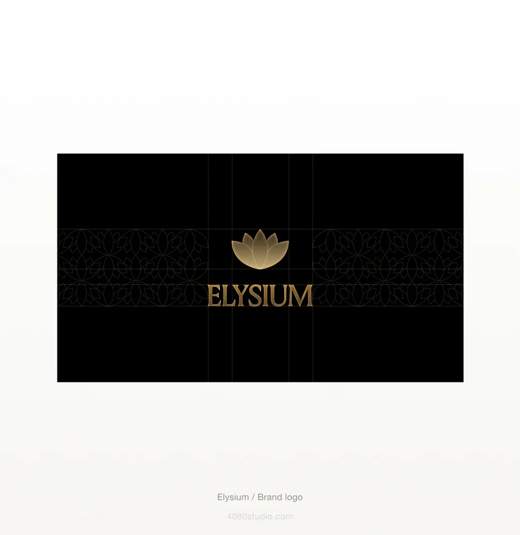 Elysium brand logo on black: a gold gradient lotus mark above the serif ELYSIUM wordmark, set on a faint lotus-motif pattern with construction guides