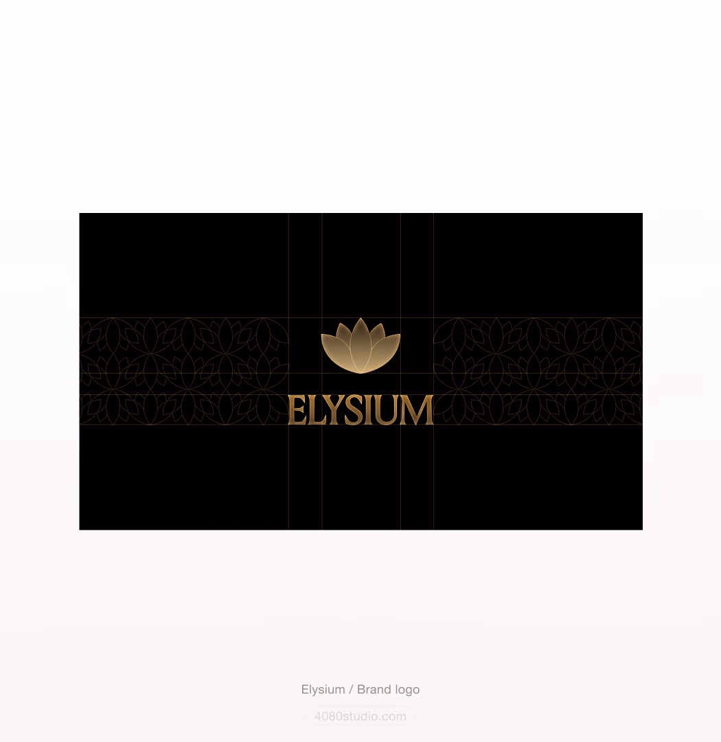 Elysium brand logo on black: a gold gradient lotus mark above the serif ELYSIUM wordmark, set on a faint lotus-motif pattern with construction guides