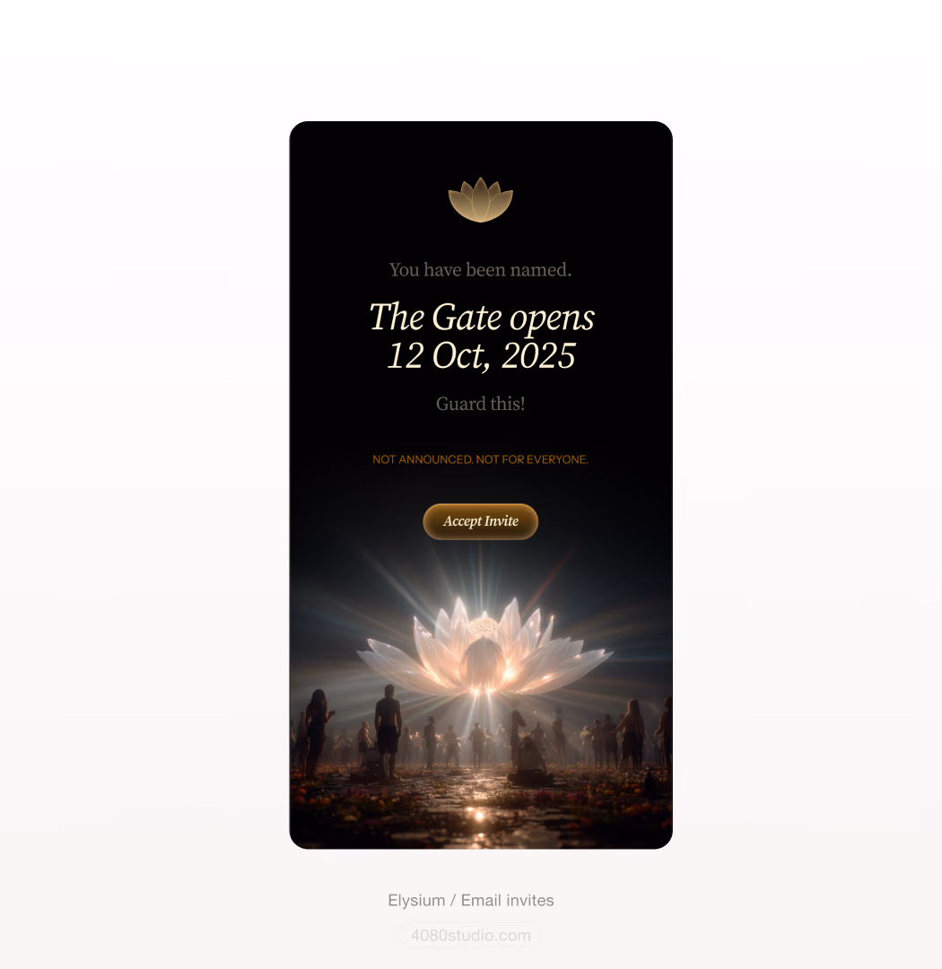 Dark Elysium email invite: gold lotus emblem, the words 'You have been named — The Gate opens 12 Oct 2025', an Accept Invite button, and a glowing lotus surrounded by a crowd