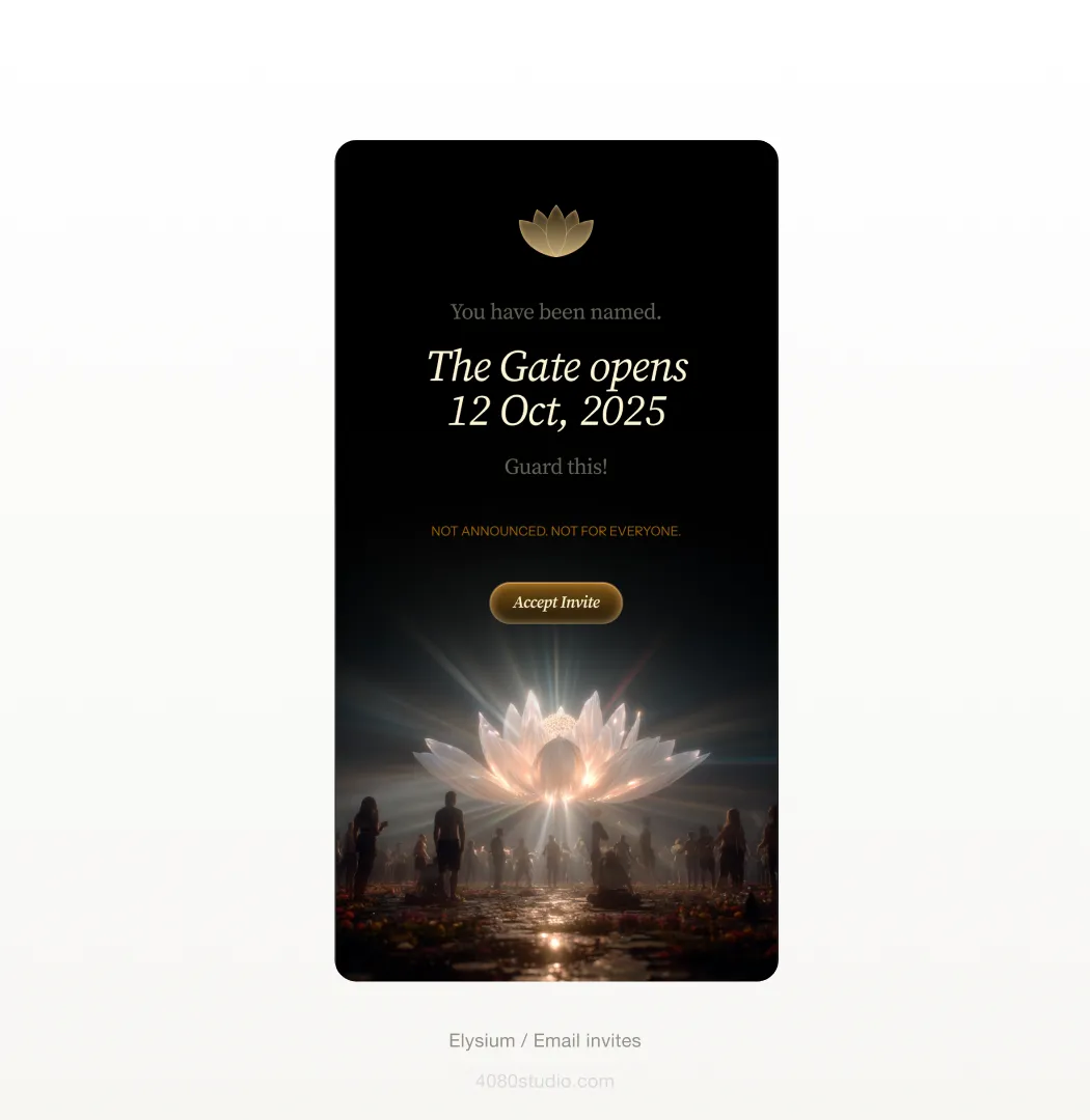 Dark Elysium email invite: gold lotus emblem, the words 'You have been named — The Gate opens 12 Oct 2025', an Accept Invite button, and a glowing lotus surrounded by a crowd