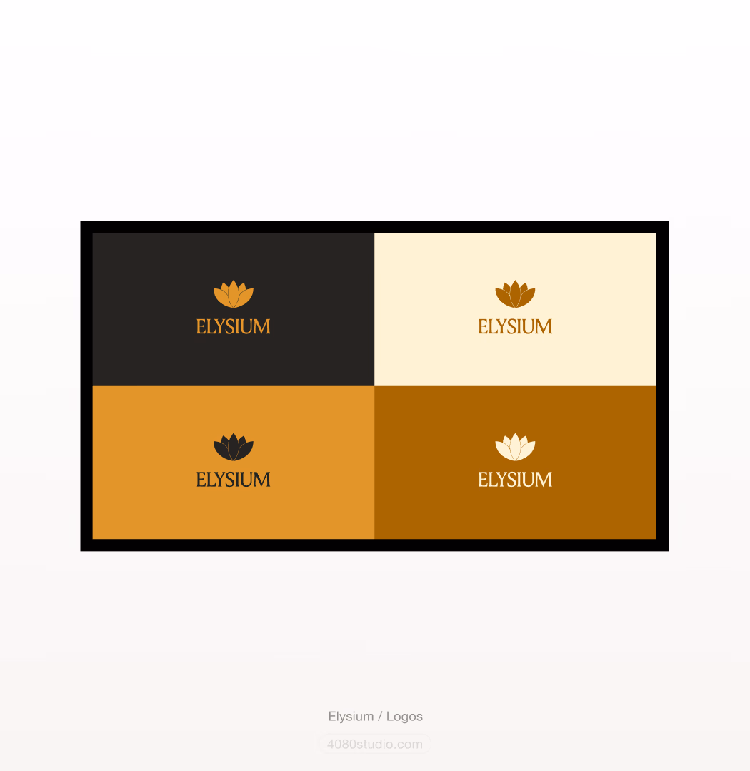 Four Elysium logo colourways in a grid: gold on charcoal, gold on cream, black on ochre, and cream on brown, each pairing the lotus mark with the ELYSIUM wordmark