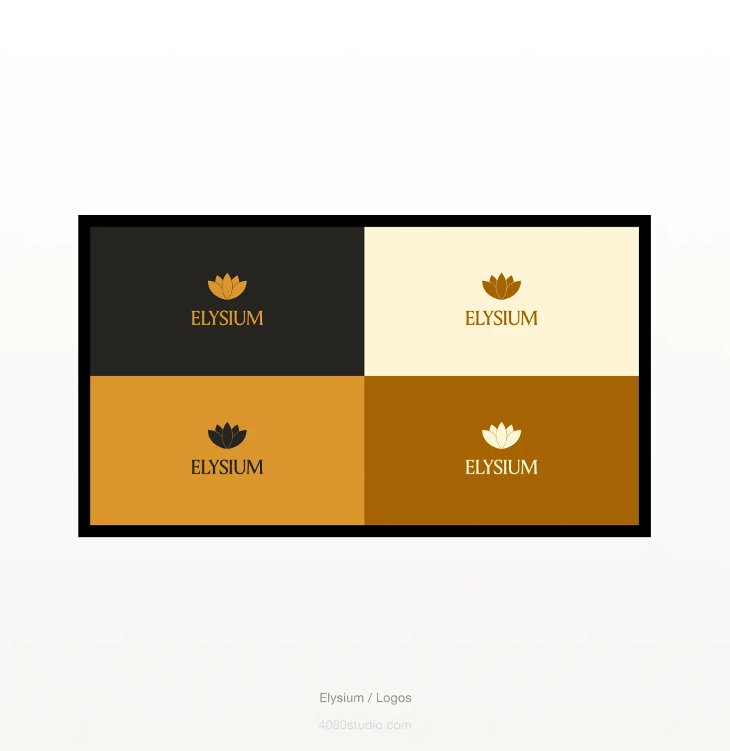 Four Elysium logo colourways in a grid: gold on charcoal, gold on cream, black on ochre, and cream on brown, each pairing the lotus mark with the ELYSIUM wordmark