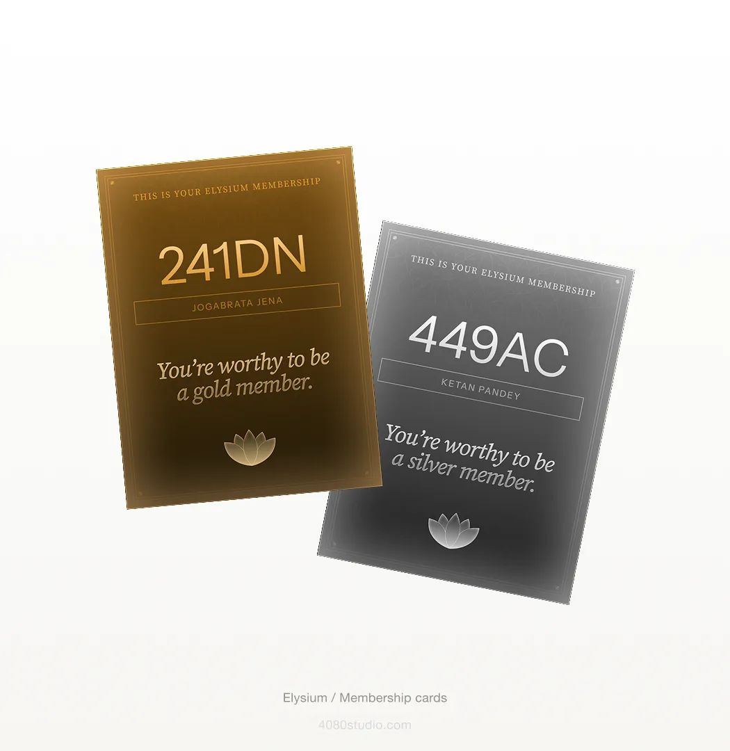 Two Elysium membership cards, one gold and one silver, each with a large member code, a name, the line 'You're worthy to be a member', and a lotus mark