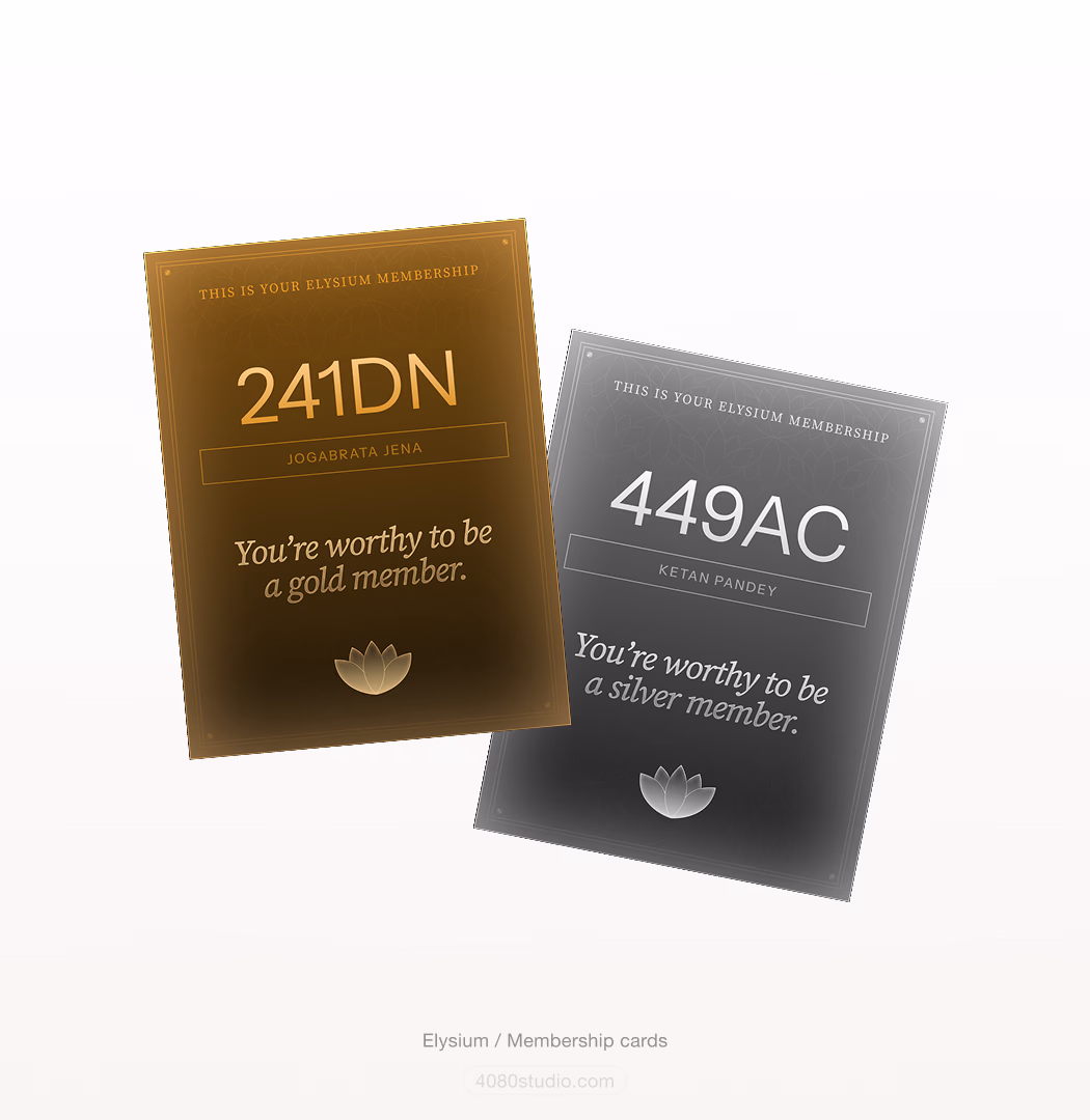 Two Elysium membership cards, one gold and one silver, each with a large member code, a name, the line 'You're worthy to be a member', and a lotus mark