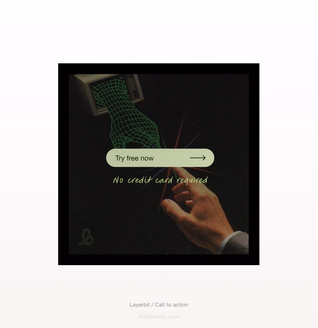 Dark Layerbit poster: a green wireframe hand emerges from a vintage monitor toward a person's outstretched hand, with a pale green 'Try free now' button and handwritten 'No credit card required'