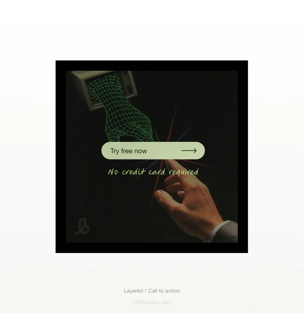 Dark Layerbit poster: a green wireframe hand emerges from a vintage monitor toward a person's outstretched hand, with a pale green 'Try free now' button and handwritten 'No credit card required'
