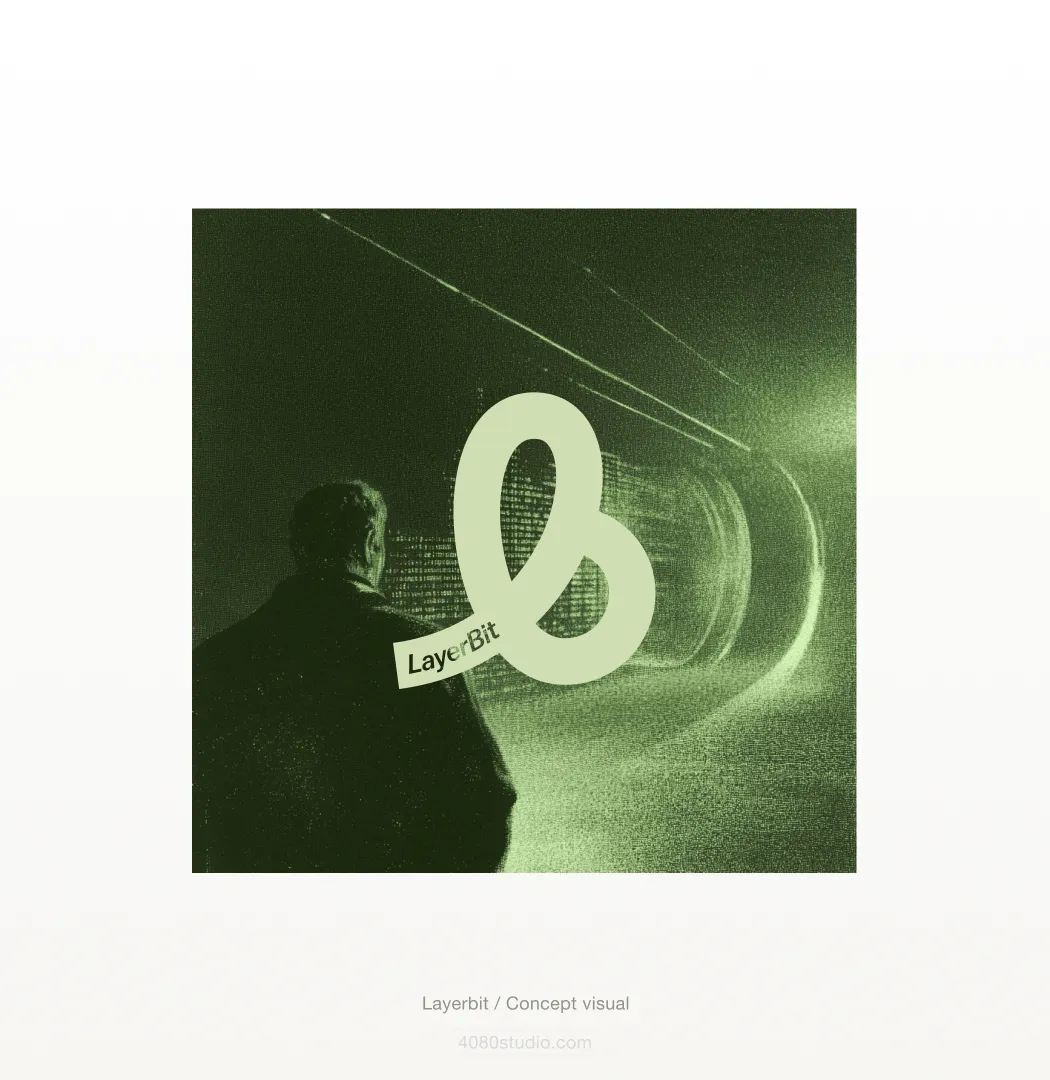 Green-duotone Layerbit poster: a lone figure faces down a glowing tunnel lined with streaks of light and data, overlaid with the large Layerbit 'b' logomark and wordmark