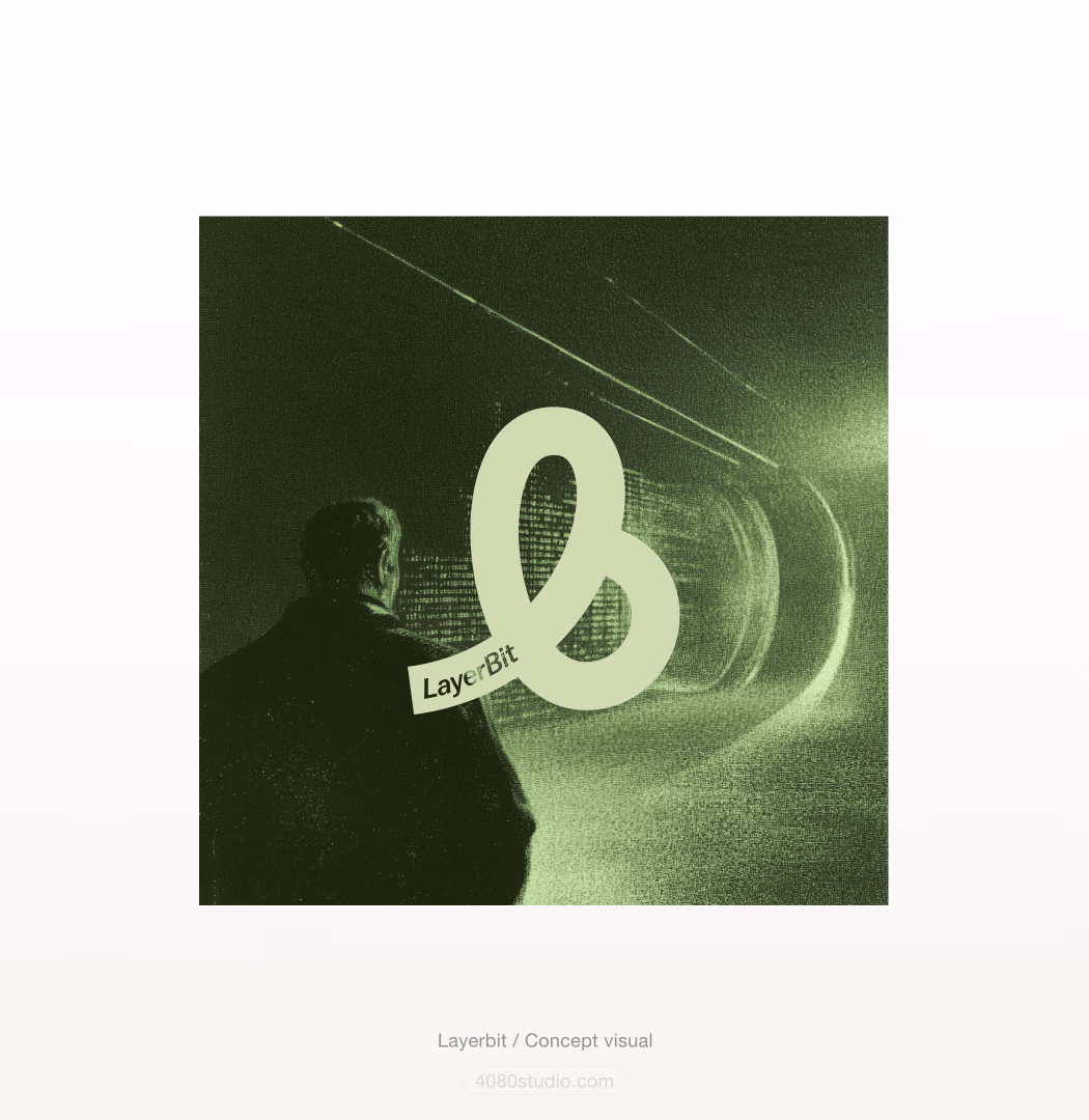 Green-duotone Layerbit poster: a lone figure faces down a glowing tunnel lined with streaks of light and data, overlaid with the large Layerbit 'b' logomark and wordmark