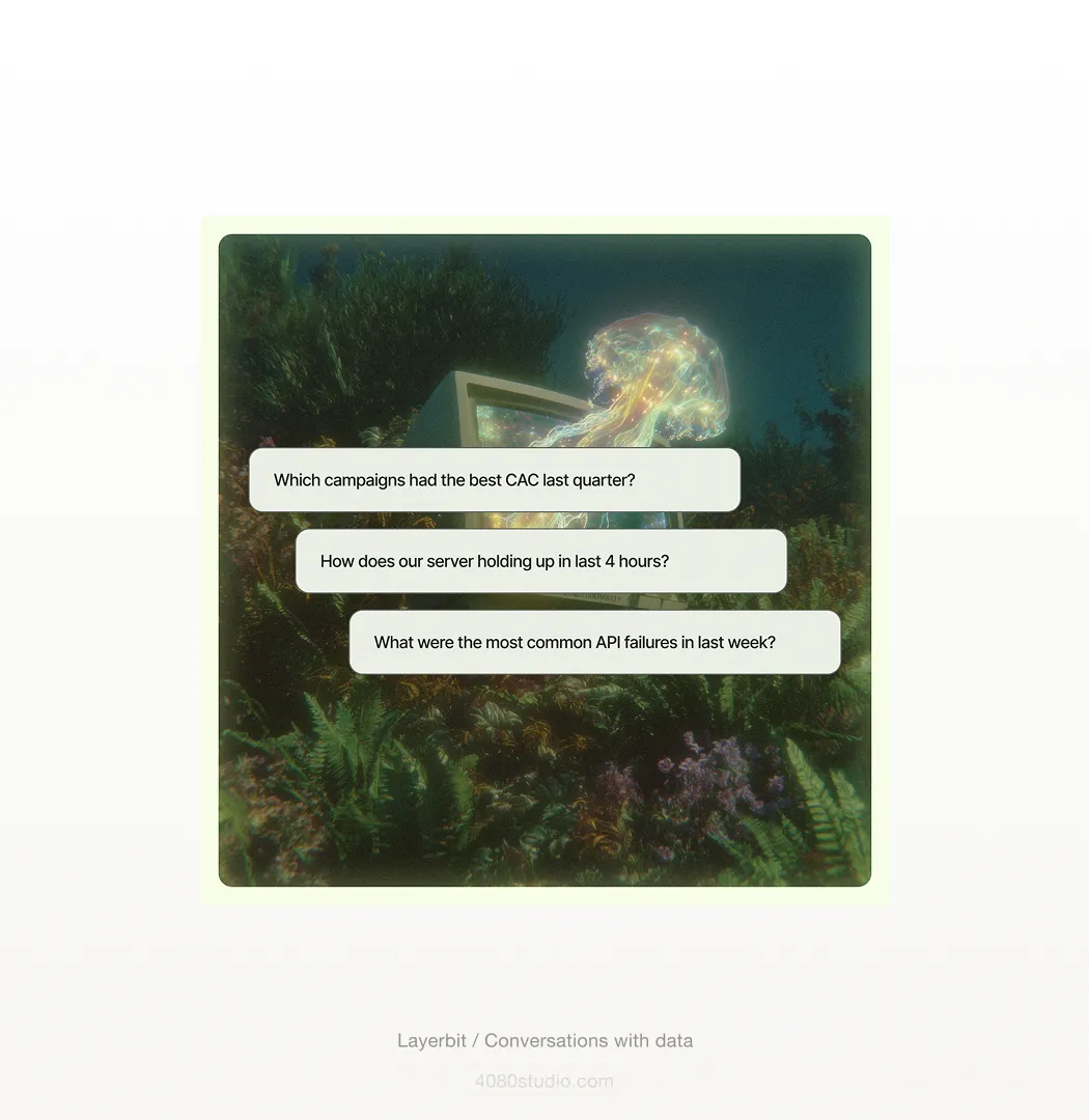 Layerbit poster: a glowing jellyfish rising from a vintage computer monitor in an overgrown garden, with chat bubbles asking about campaign CAC, server health, and API failures