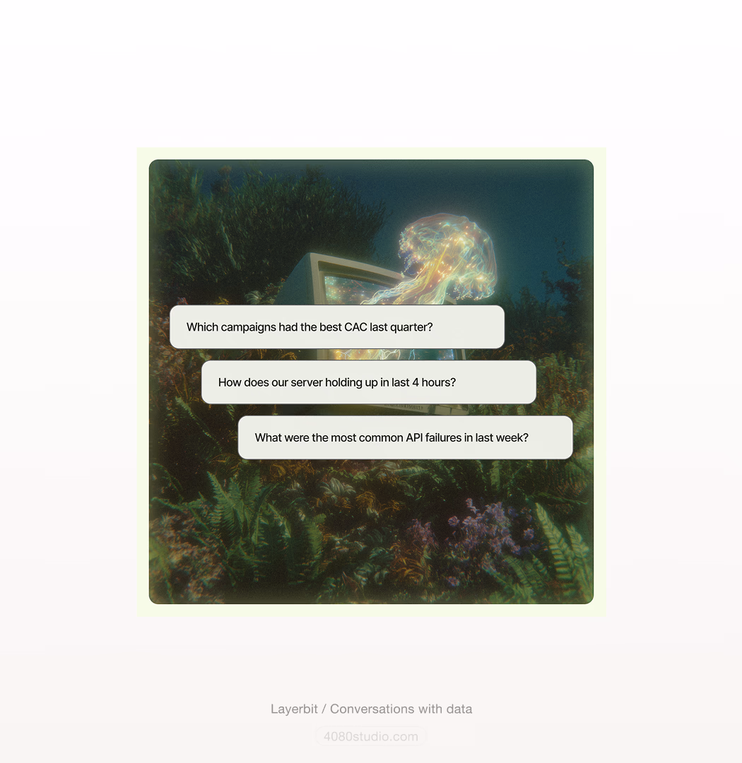 Layerbit poster: a glowing jellyfish rising from a vintage computer monitor in an overgrown garden, with chat bubbles asking about campaign CAC, server health, and API failures