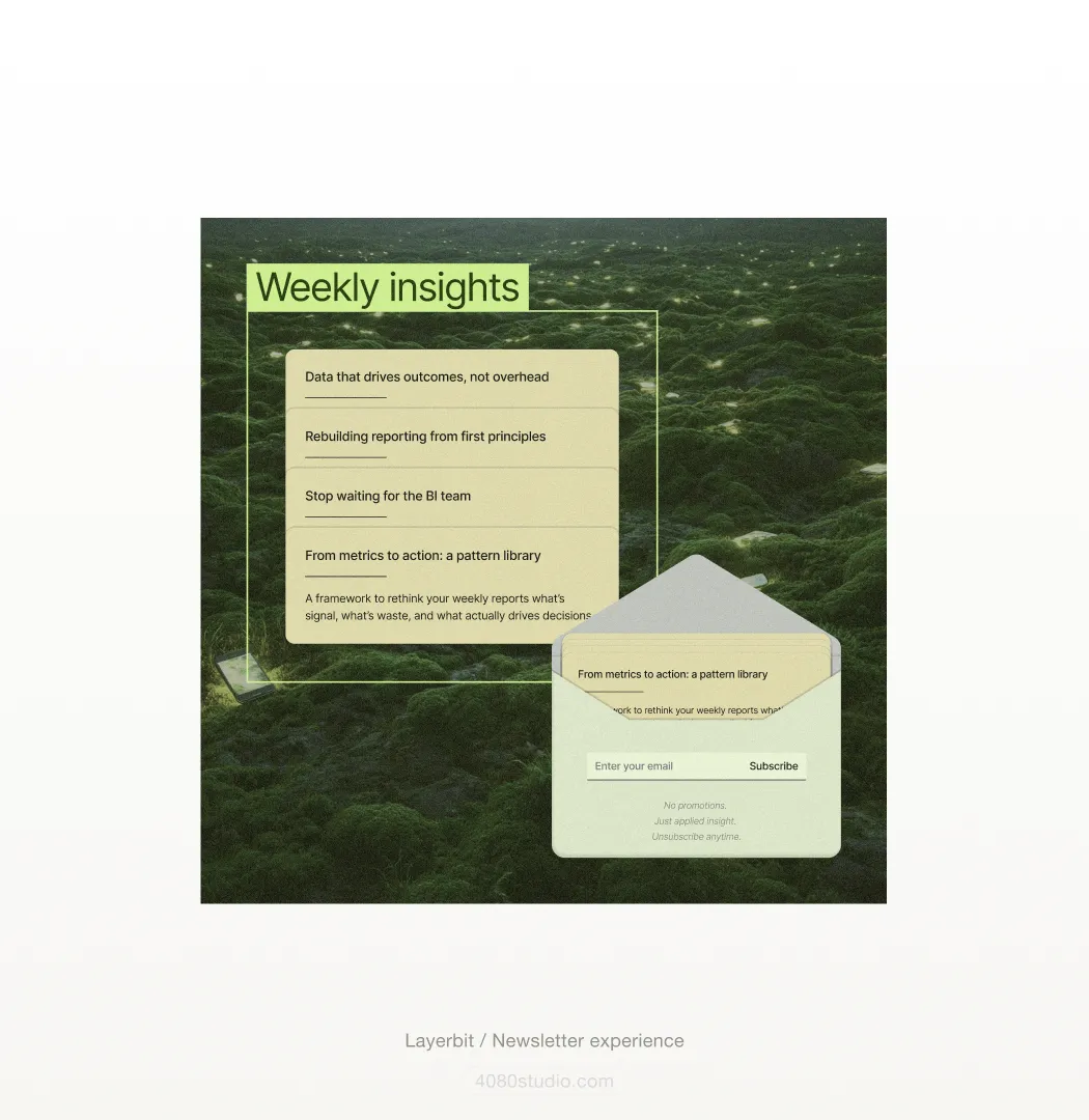 Layerbit newsletter design over a mossy green landscape: a 'Weekly insights' card listing story headlines, and an open-envelope email signup with a Subscribe field