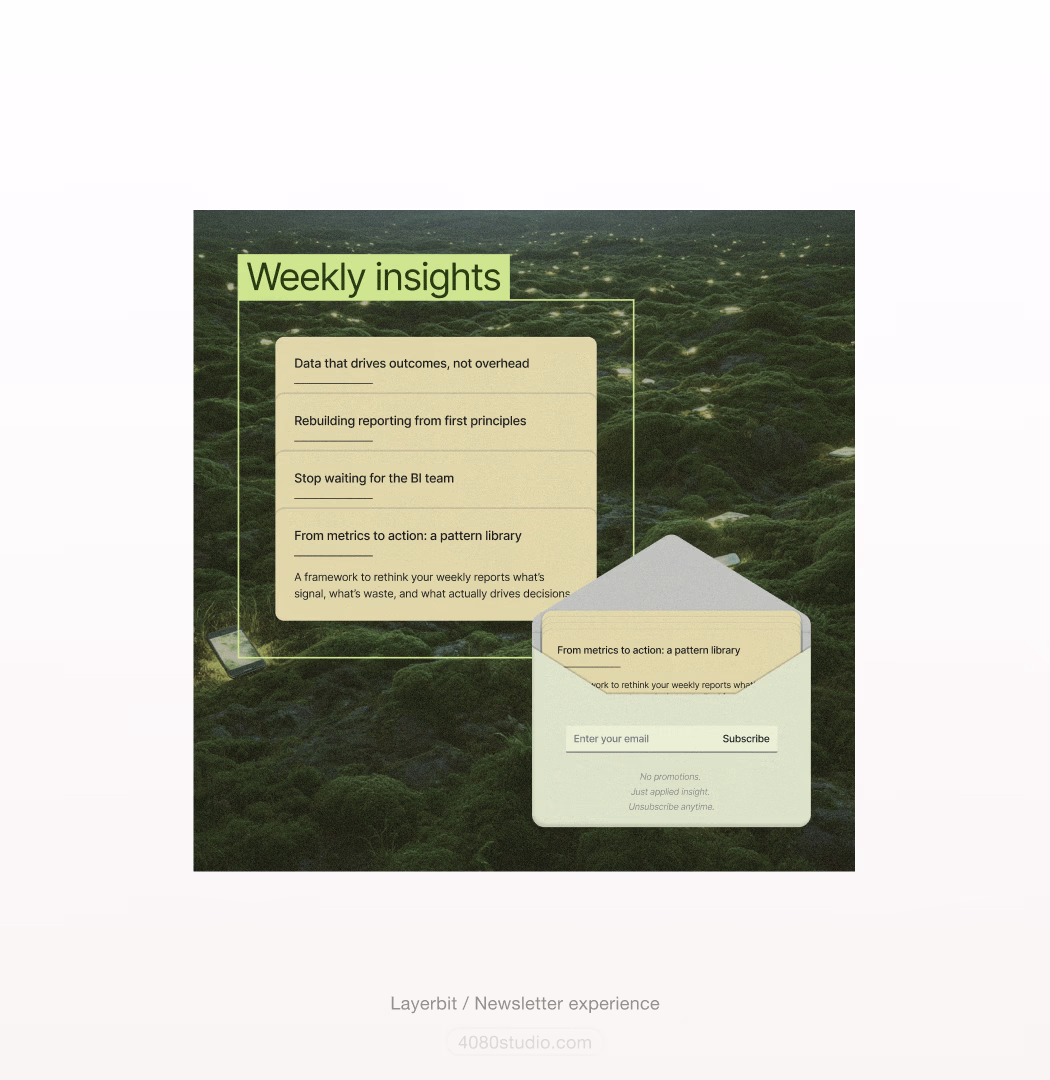 Layerbit newsletter design over a mossy green landscape: a 'Weekly insights' card listing story headlines, and an open-envelope email signup with a Subscribe field
