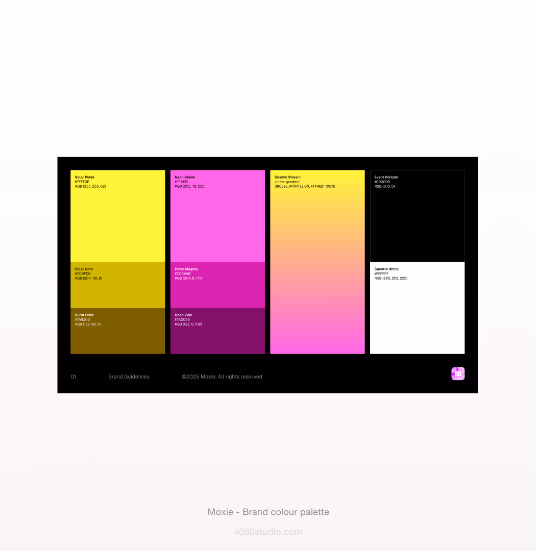 Moxie brand colour palette on black: named swatches with hex and RGB values — Solar Pulse yellow, Neon Bloom pink, a Cosmic Stream gradient, Event Horizon black, plus Solar Core, Pulse Magma, Burnt Orbit, Deep Vibe and Spectra White
