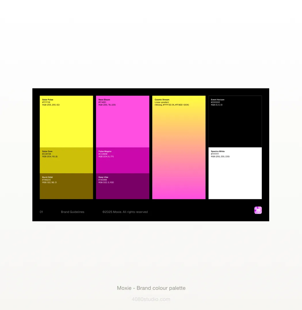 Moxie brand colour palette on black: named swatches with hex and RGB values — Solar Pulse yellow, Neon Bloom pink, a Cosmic Stream gradient, Event Horizon black, plus Solar Core, Pulse Magma, Burnt Orbit, Deep Vibe and Spectra White
