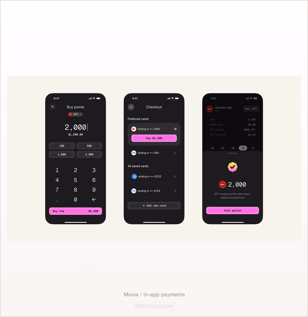 Three dark mobile screens of Moxie's in-app payments flow: buying 2,000 UFC fan points for $1,500, card checkout with a pink pay button, and a wallet rewards confirmation