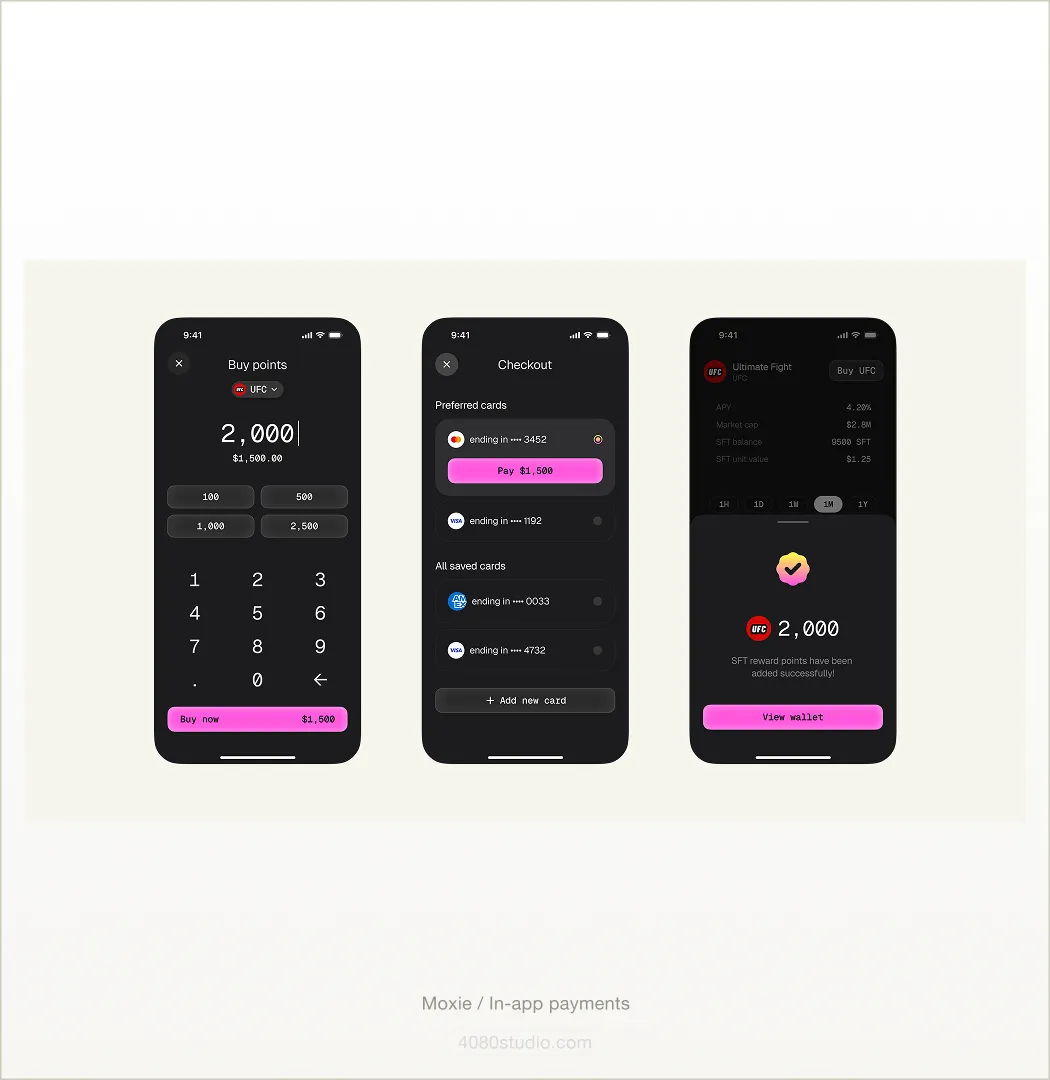 Three dark mobile screens of Moxie's in-app payments flow: buying 2,000 UFC fan points for $1,500, card checkout with a pink pay button, and a wallet rewards confirmation