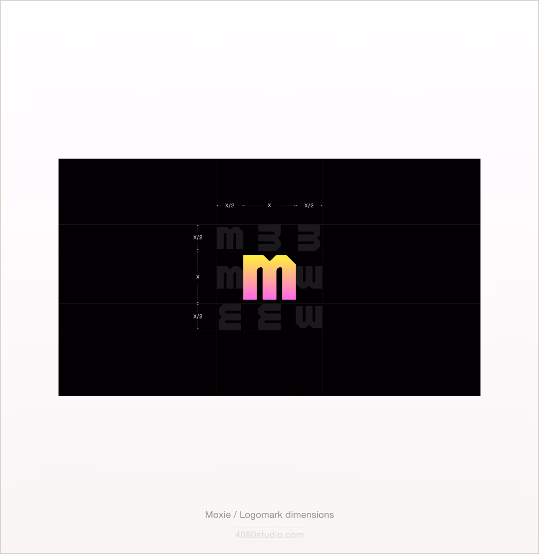 Moxie logomark construction diagram on black: the pink-to-yellow gradient 'm' mark centred on an X/2 measurement grid showing its proportions and clear space, with faint rotated mark variants behind it