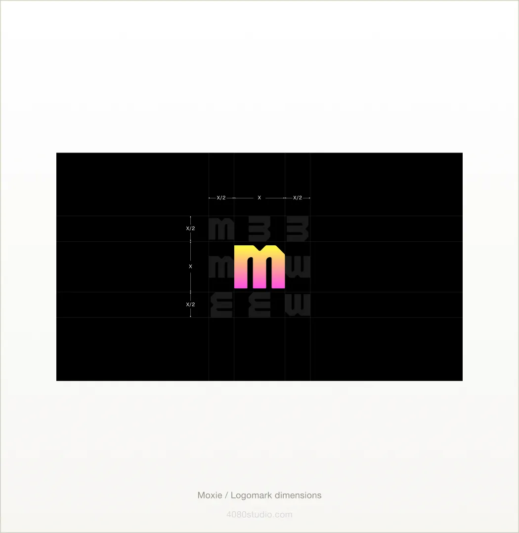 Moxie logomark construction diagram on black: the pink-to-yellow gradient 'm' mark centred on an X/2 measurement grid showing its proportions and clear space, with faint rotated mark variants behind it
