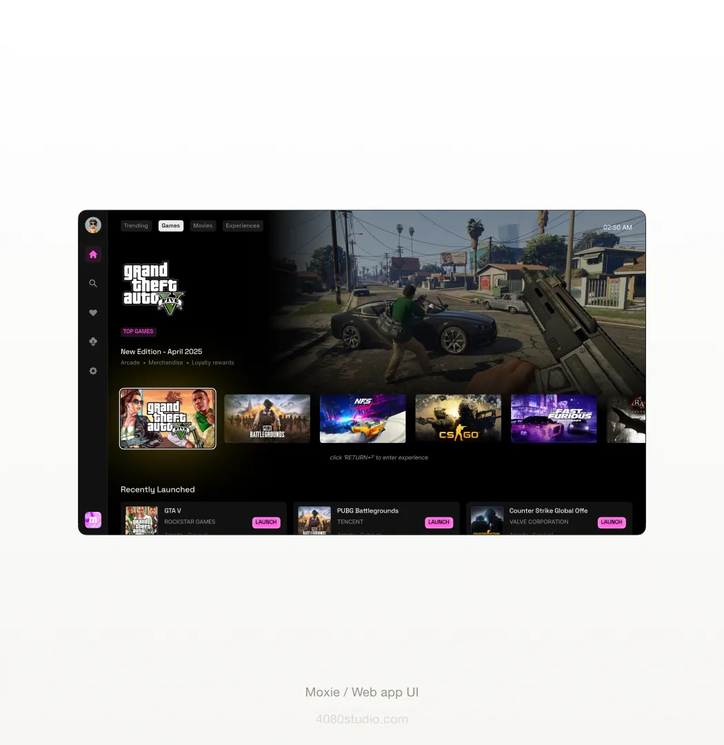 Moxie web app UI on black: a games storefront with Trending, Games, Movies and Experiences tabs, a Grand Theft Auto V hero, a carousel of titles (PUBG, NFS, CS:GO, Fast & Furious) and a 'Recently Launched' list with pink Launch buttons