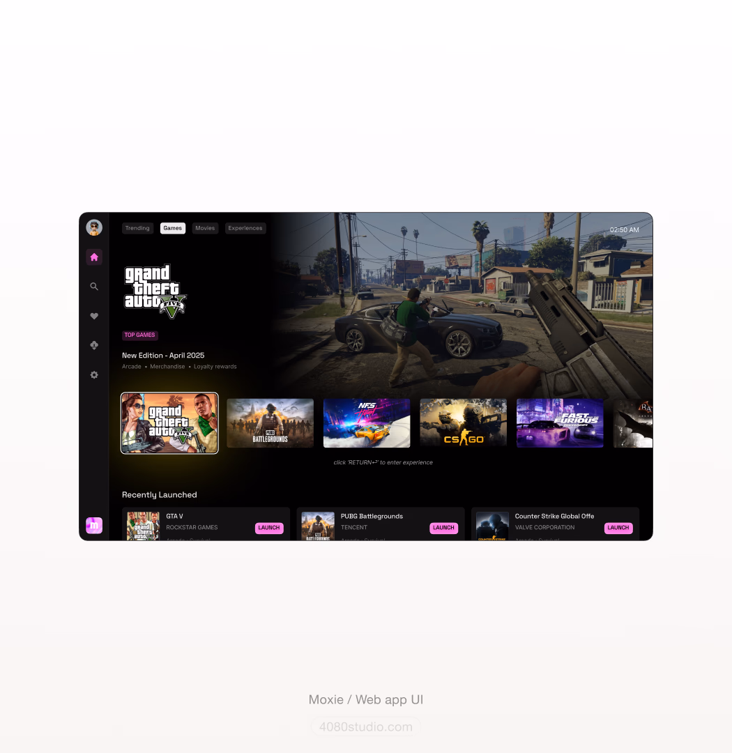 Moxie web app UI on black: a games storefront with Trending, Games, Movies and Experiences tabs, a Grand Theft Auto V hero, a carousel of titles (PUBG, NFS, CS:GO, Fast & Furious) and a 'Recently Launched' list with pink Launch buttons