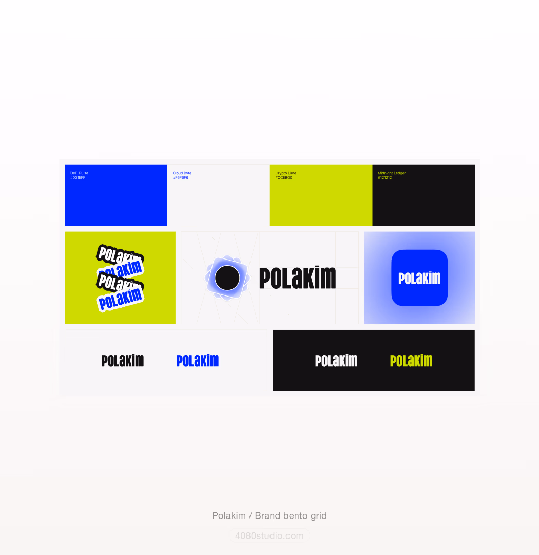 Polakim brand bento grid: colour swatches (DeFi Pulse blue #001EFF, Cloud Byte grey, Crypto Lime #CCEB00, Midnight Ledger black), stacked POLAKIM stickers, the logo mark and app icon, and wordmark variations in blue, lime, black and white