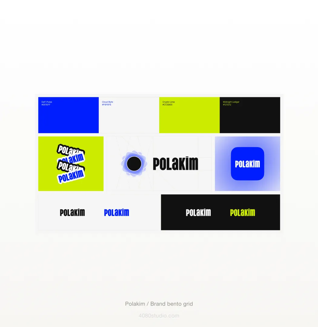 Polakim brand bento grid: colour swatches (DeFi Pulse blue #001EFF, Cloud Byte grey, Crypto Lime #CCEB00, Midnight Ledger black), stacked POLAKIM stickers, the logo mark and app icon, and wordmark variations in blue, lime, black and white