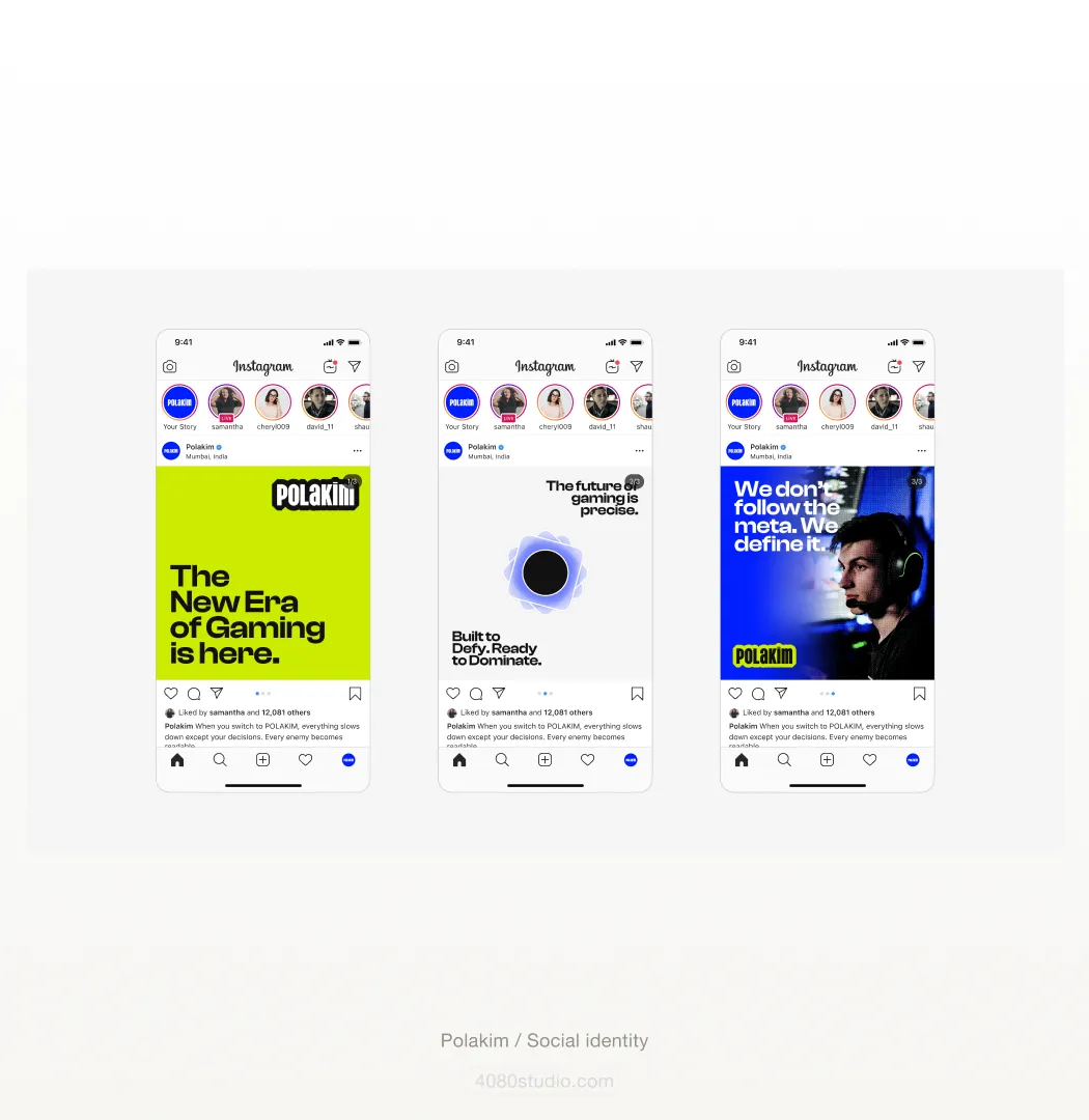 Three Polakim Instagram post mockups: bold text on acid green announcing a new era of gaming, a precision emblem on white, and a blue-tinted gamer portrait with the line 'We don't follow the meta. We define it.'