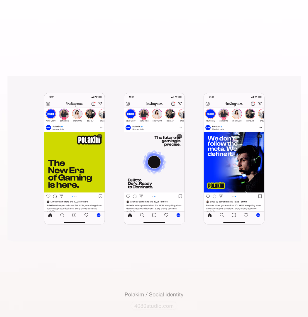 Three Polakim Instagram post mockups: bold text on acid green announcing a new era of gaming, a precision emblem on white, and a blue-tinted gamer portrait with the line 'We don't follow the meta. We define it.'