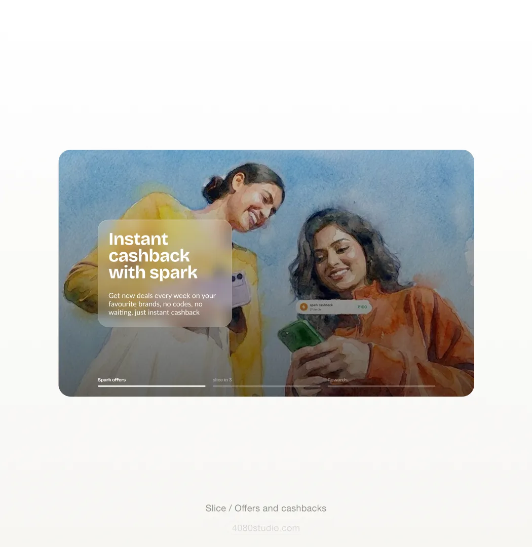 Slice bank feature card in watercolour: two women looking at a phone, a frosted-glass panel reading 'Instant cashback with spark — get new deals every week on your favourite brands, no codes, no waiting', and a 'spark cashback ₹100' notification