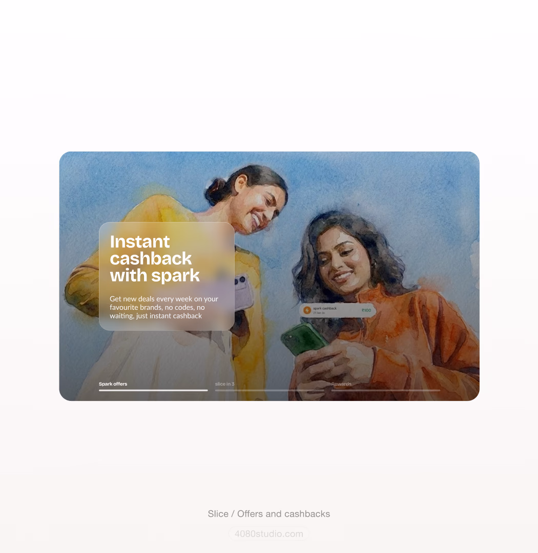 Slice bank feature card in watercolour: two women looking at a phone, a frosted-glass panel reading 'Instant cashback with spark — get new deals every week on your favourite brands, no codes, no waiting', and a 'spark cashback ₹100' notification