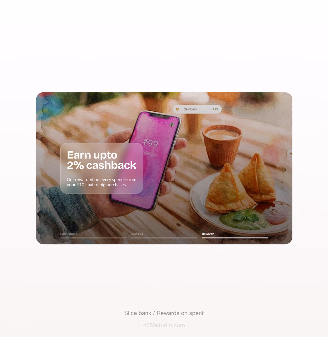 Slice bank rewards card in watercolour: a hand holding a phone showing ₹99 cashback beside chai and samosas, with the line 'Earn upto 2% cashback — get rewarded on every spend, from your ₹10 chai to big purchases'