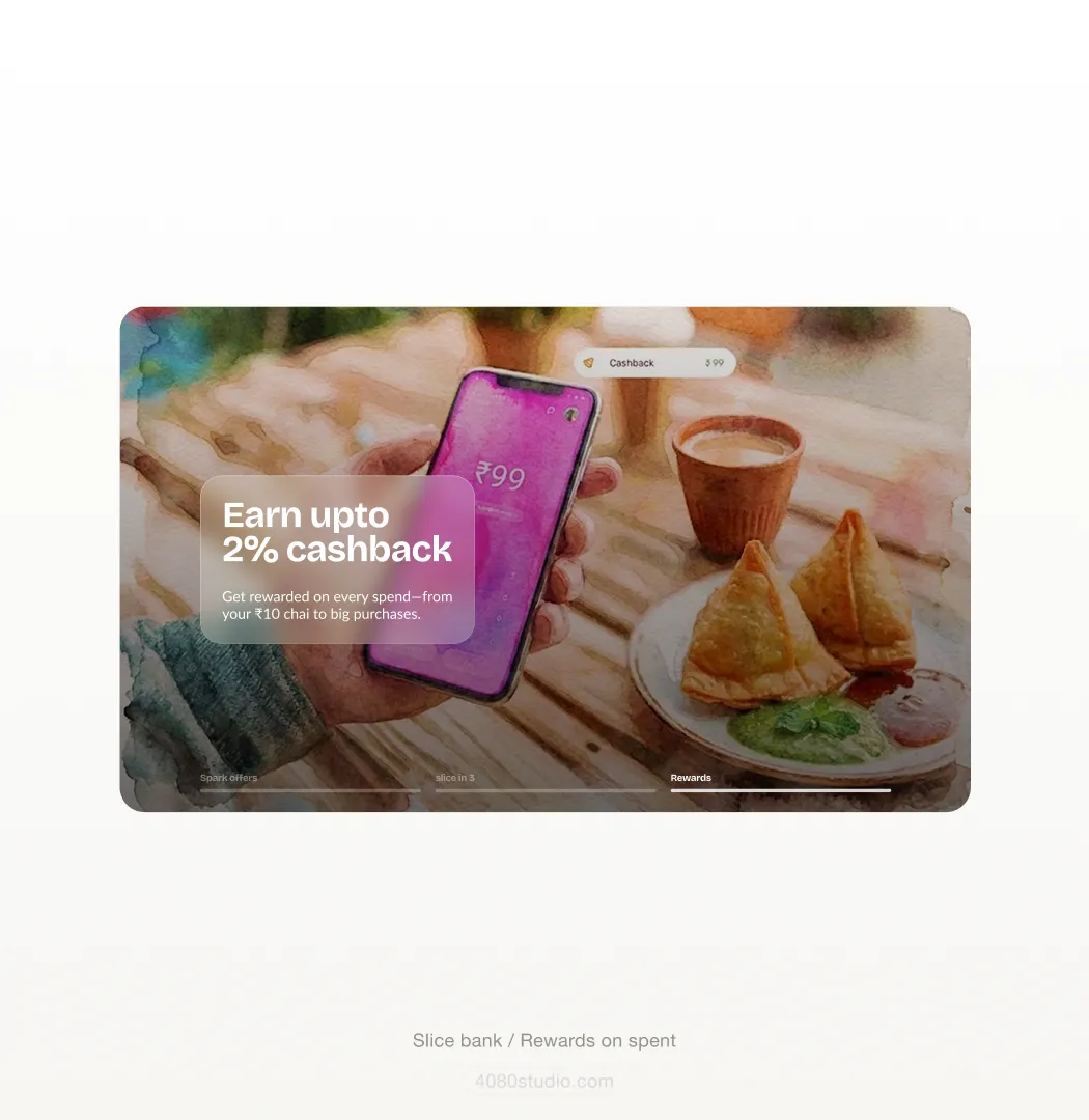 Slice bank rewards card in watercolour: a hand holding a phone showing ₹99 cashback beside chai and samosas, with the line 'Earn upto 2% cashback — get rewarded on every spend, from your ₹10 chai to big purchases'