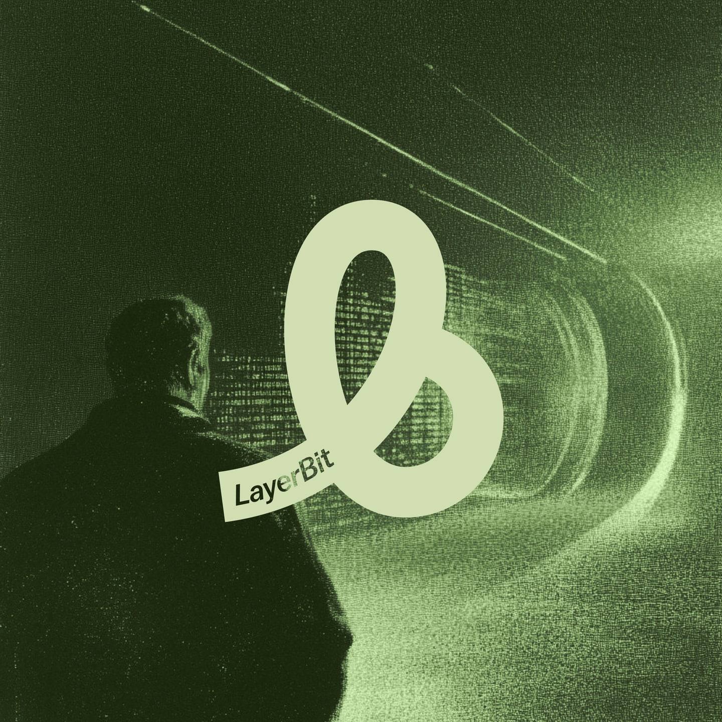 LayerBit brand key visual: a figure facing a data horizon