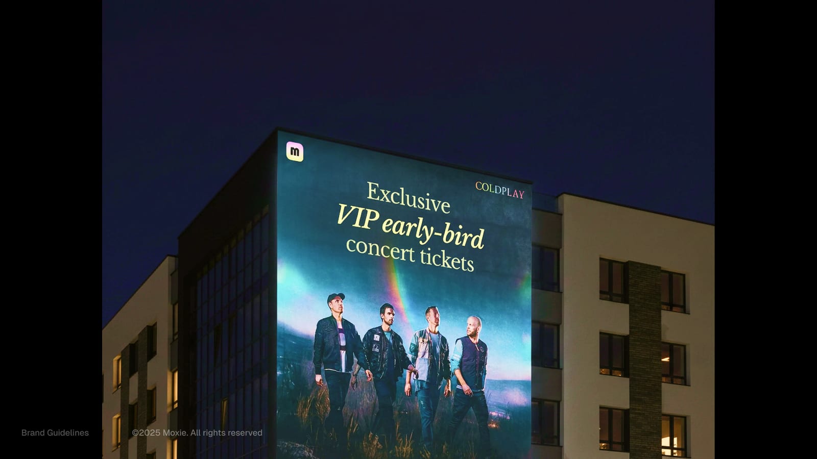 A building-scale Moxie billboard advertising exclusive VIP early-bird concert tickets