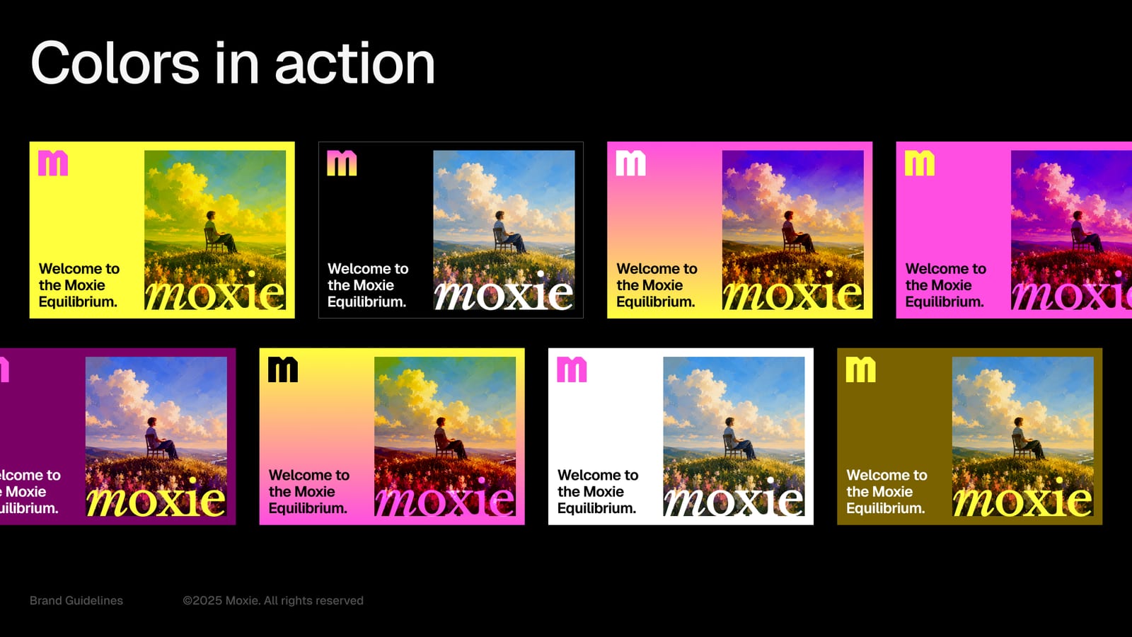 The Moxie colour system applied across a grid of poster layouts