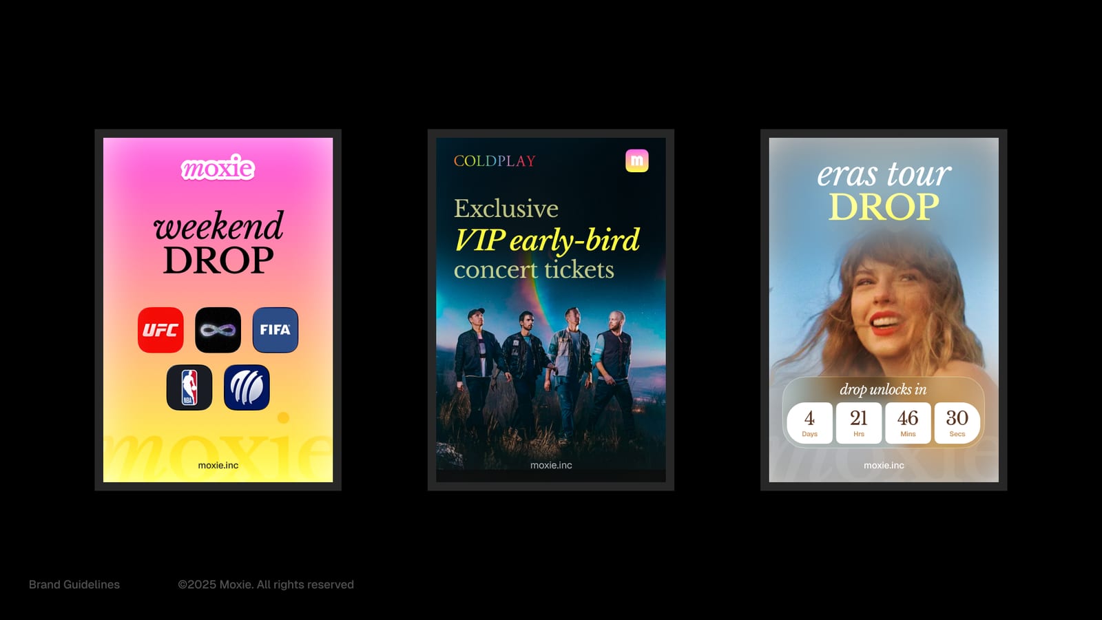 Moxie brand expressions across live-event drops and campaigns
