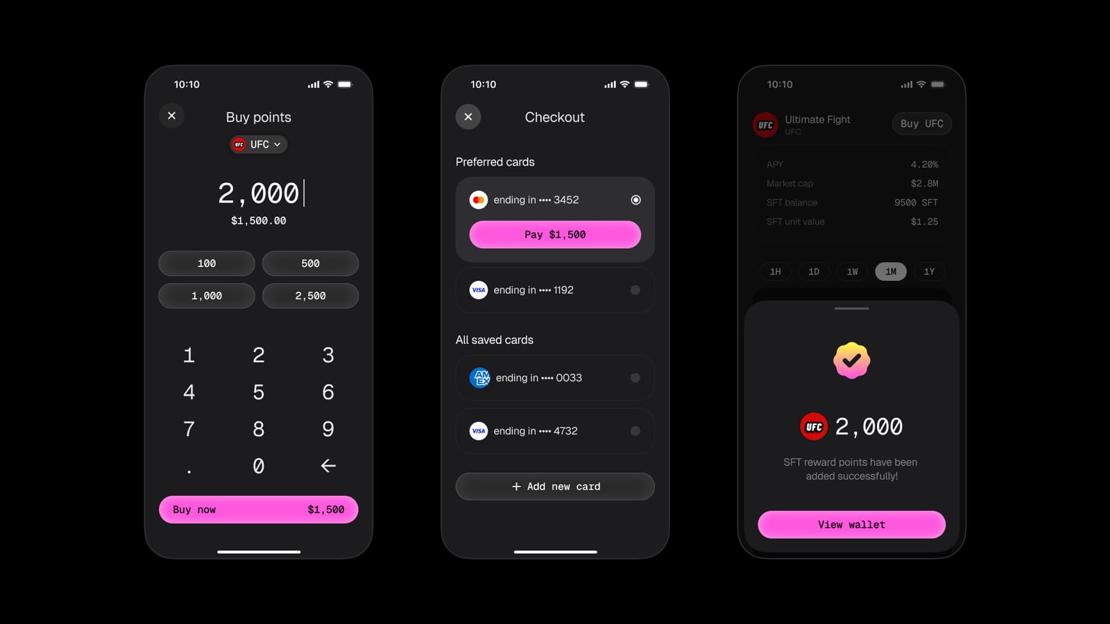 Moxie in-app payments: buying fan points, card checkout and a wallet confirmation